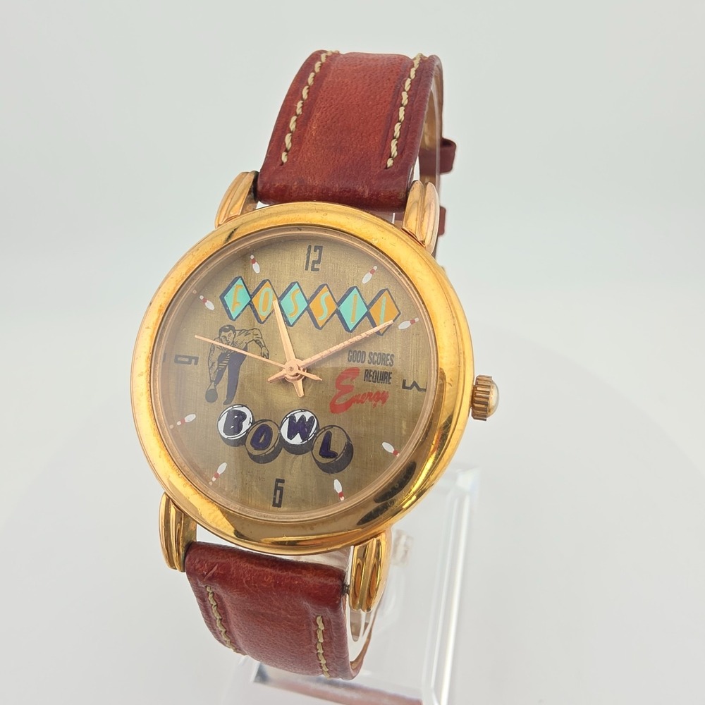Vtg 1990s FOSSIL Mens Watch Bowling Graphic RM2545 Brown Leather Gold Plate 7.5"